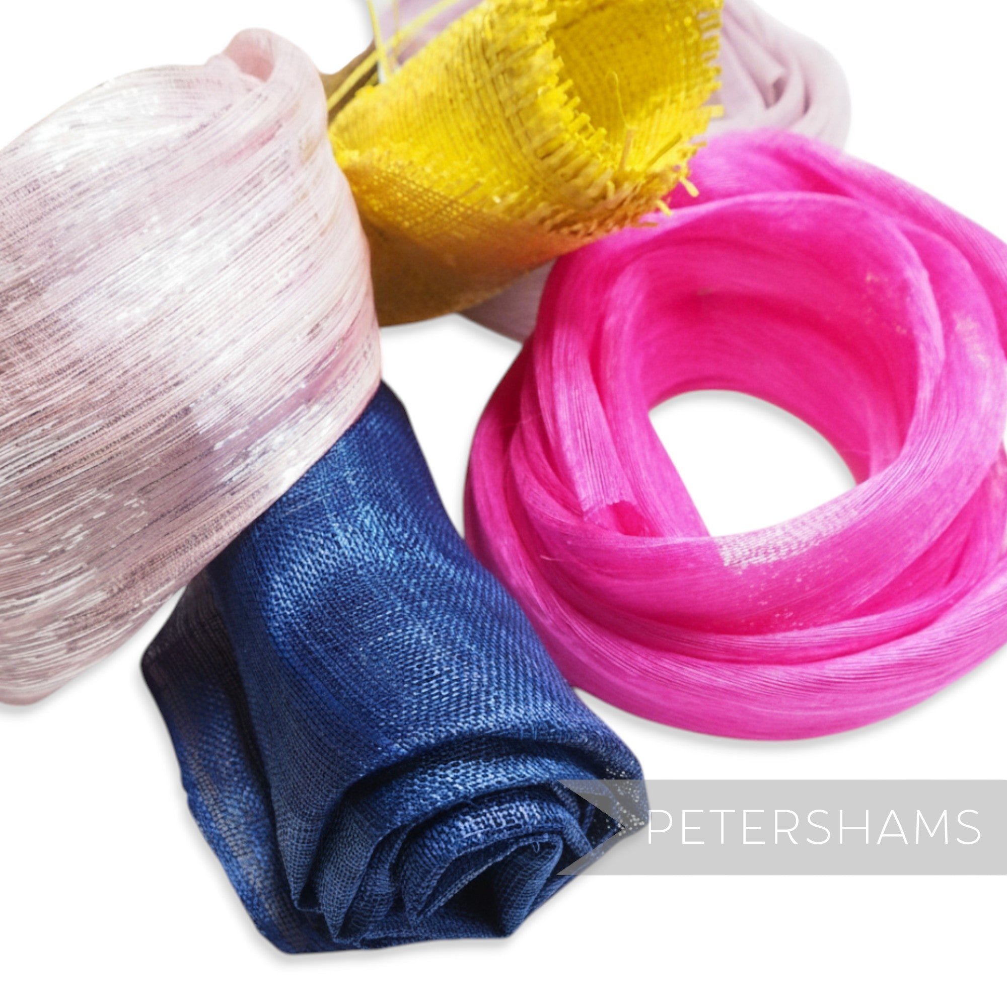 Petershams Millinery Supplies lucky dip bundle of 5 luxury straw fabric remnants in pink, blue, yellow, and fuchsia.