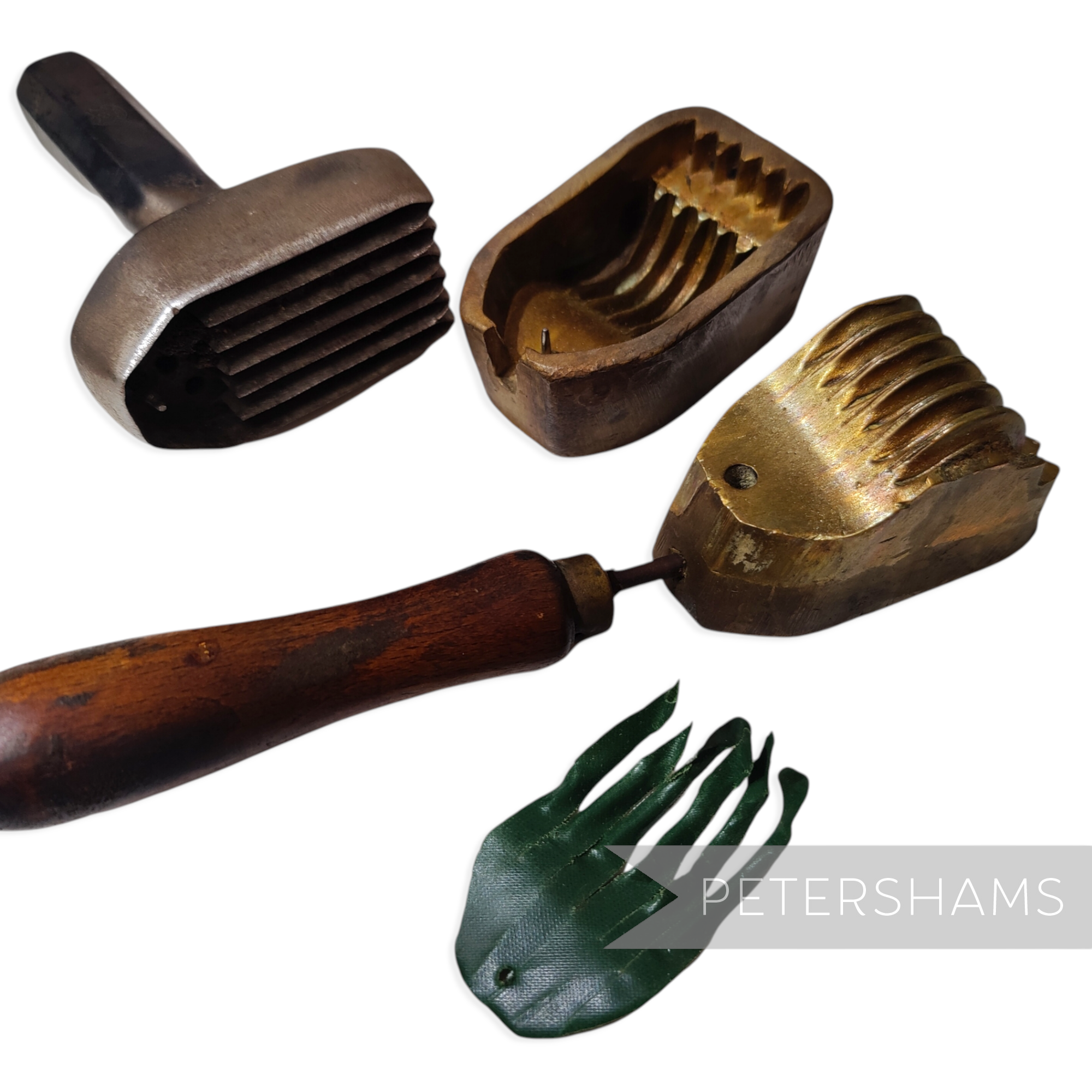 Petershams Millinery Supplies antique brass chrysanthemum petal flower mould set with cutter and green leaf sample