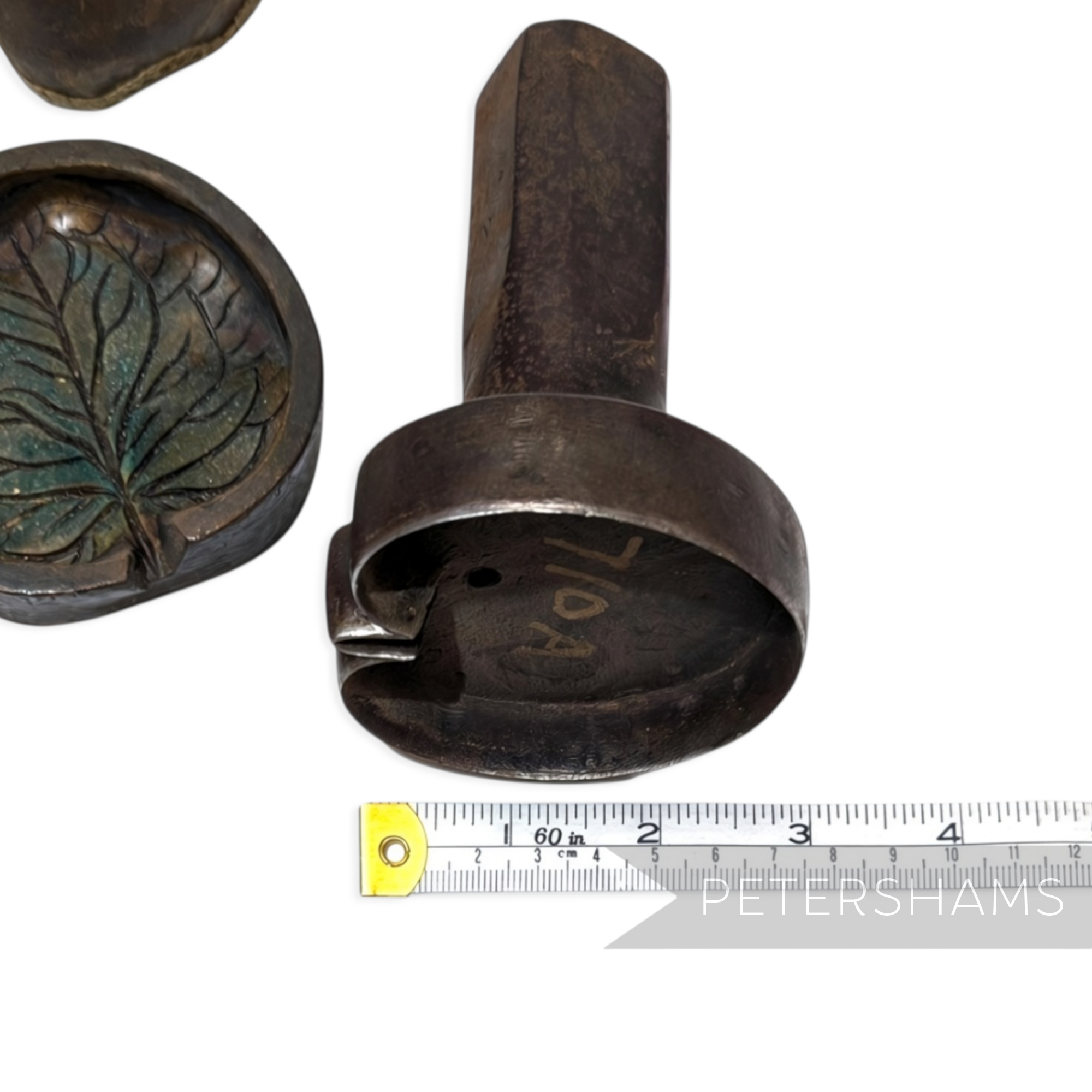 Petershams Millinery Supplies antique brass flower mould and cutter set for crafting large rounded nasturtium leaves.
