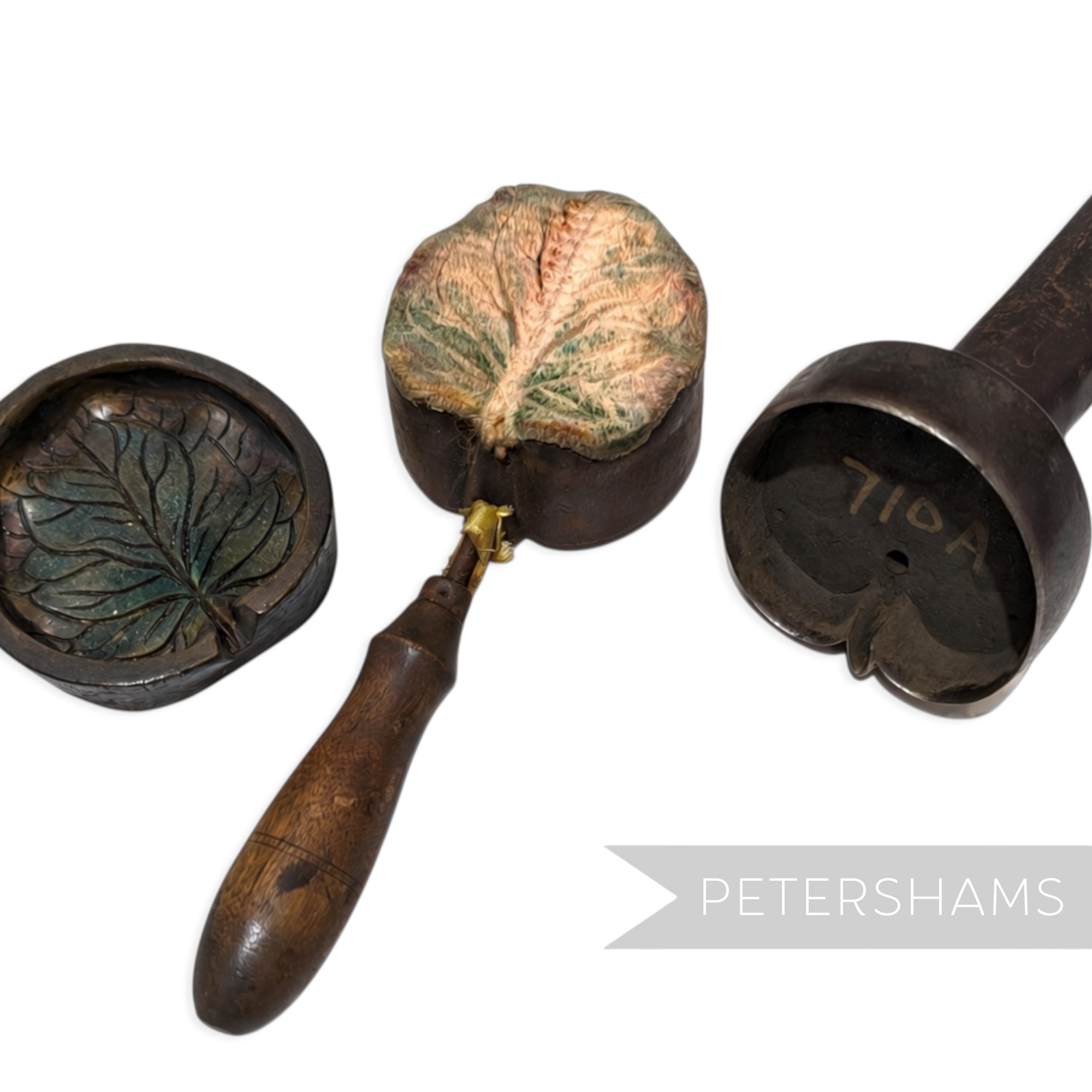 Petershams Millinery Supplies antique brass flower mould and cutter set for creating large rounded leaf shapes.