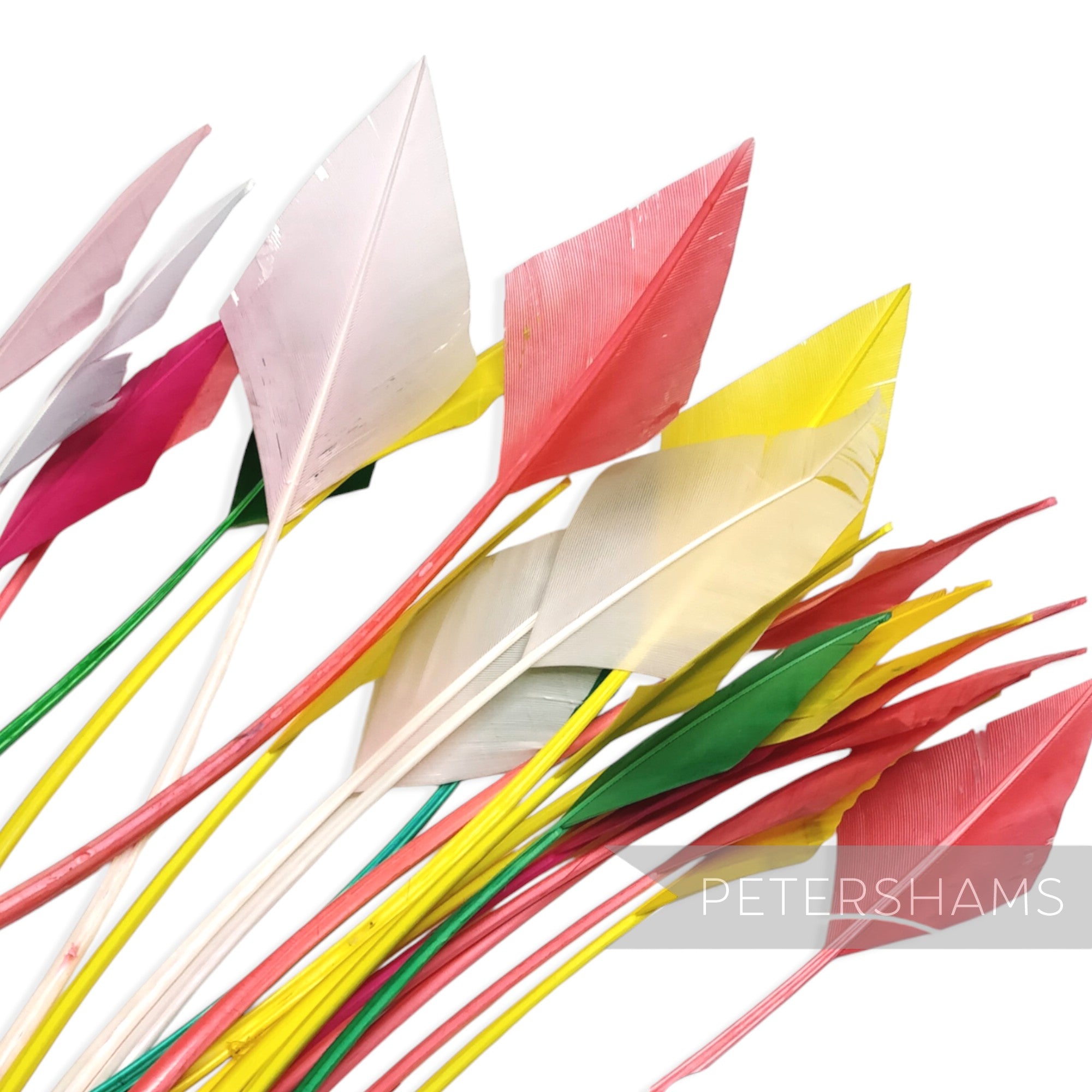 Petershams Millinery Supplies bundle of assorted colourful arrowhead feathers with slight imperfections
