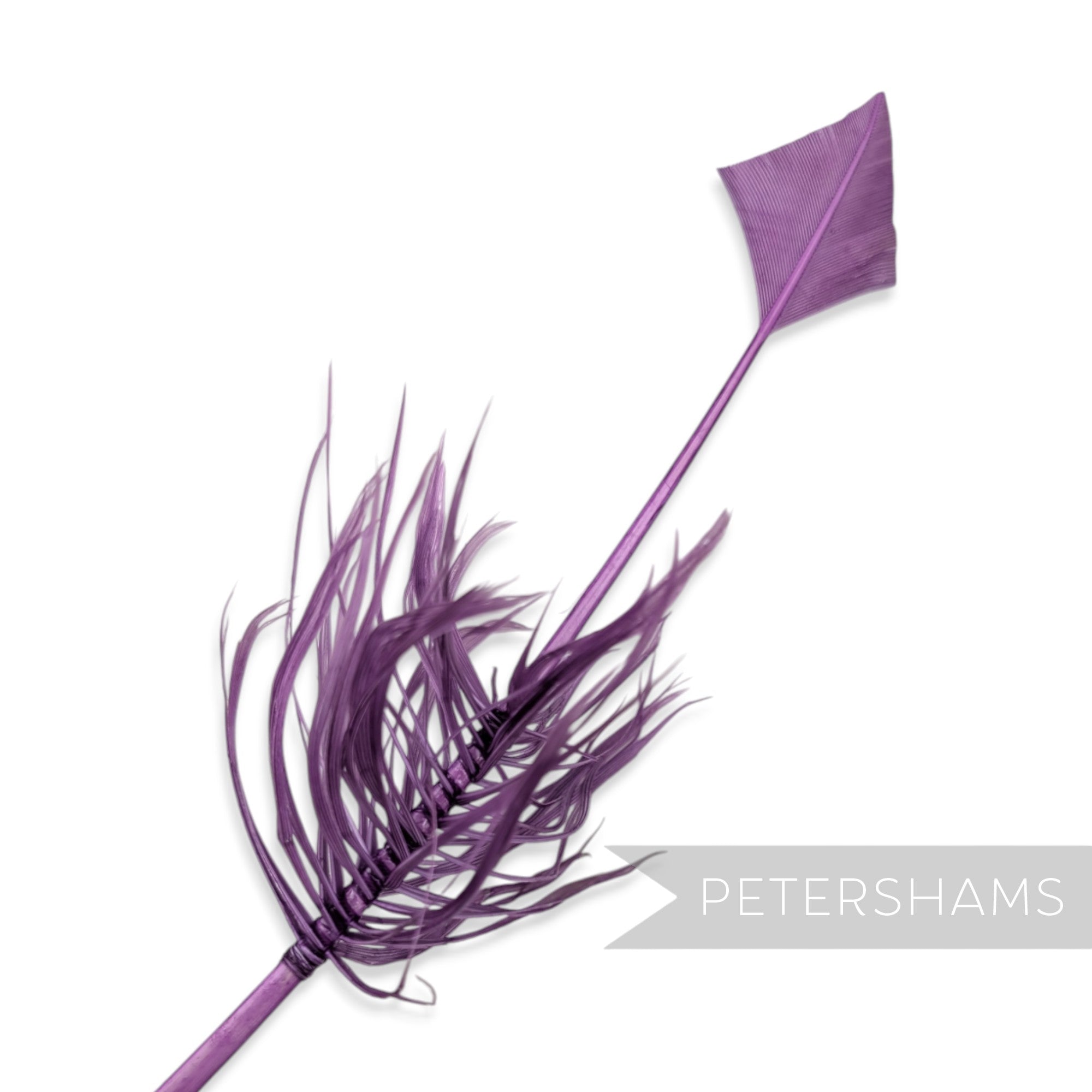 Petershams Millinery Supplies amethyst turkey quill feather cut into an arrowhead shape with decorative barbed accents.