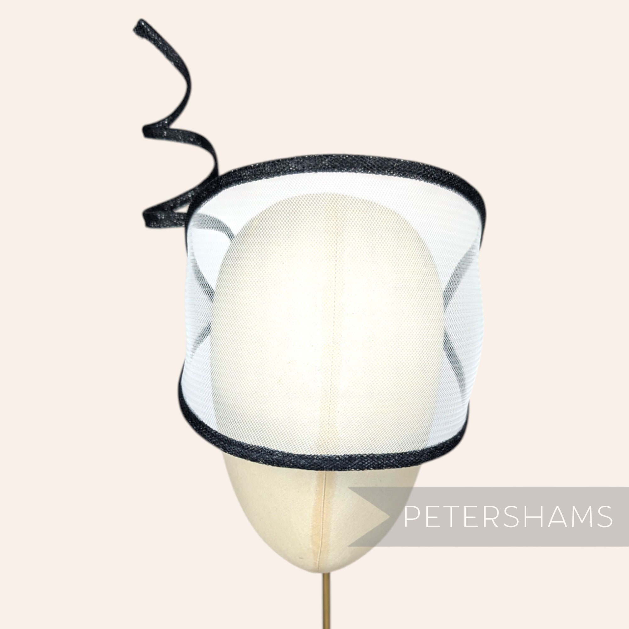 Petershams Millinery Supplies Astra visor fascinator in white crinoline with black wired sinamay bias trim
