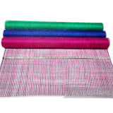 Petershams Millinery Supplies basket weave sinamay fabric rolls in green, blue, magenta, and peachy pink with ruler.