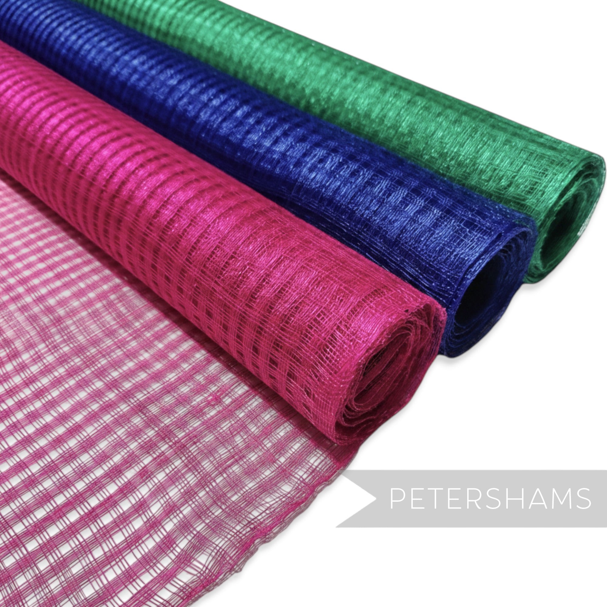 Petershams Millinery Supplies basket weave sinamay fabric rolls in peachy pink, blue, and green for hat making.