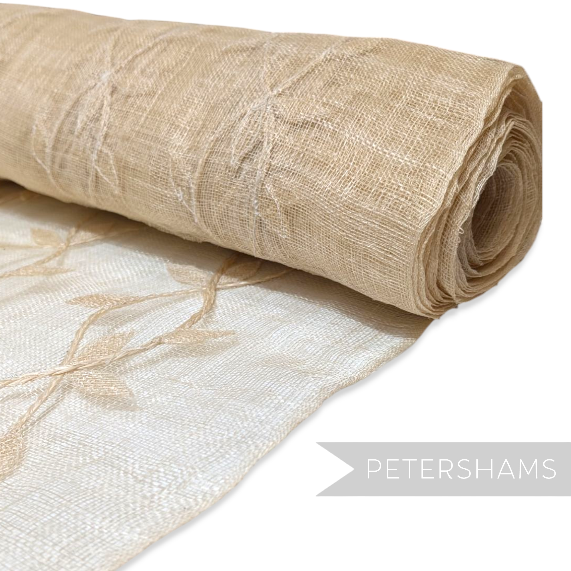 Petershams Millinery Supplies beige sinamay fabric roll with decorative straw corded leaf vine applique detail
