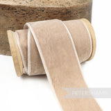 Petershams Millinery Supplies 36mm warm sand French velvet ribbon on a wooden spool with a luxurious sheen and soft pile