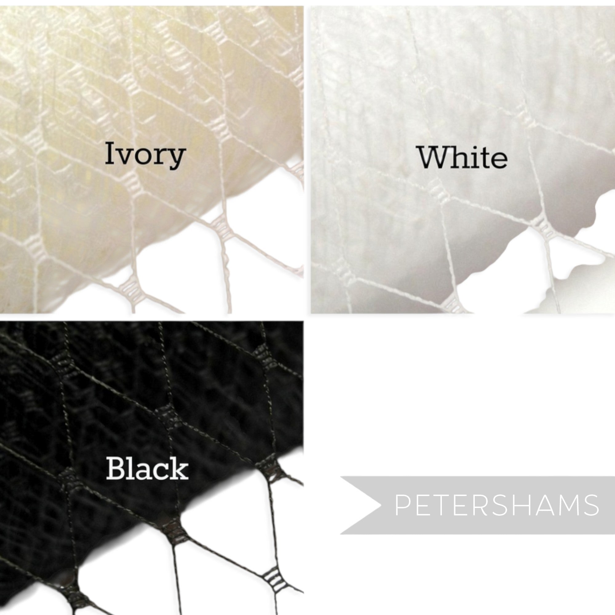 Petershams Millinery Supplies birdcage veil kit veiling fabric swatches in ivory, white, and black colours