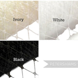 Petershams Millinery Supplies birdcage veil kit veiling fabric swatches in ivory, white, and black colours