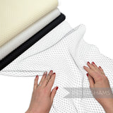 Petershams Millinery Supplies 18-inch wide diamond pattern birdcage veiling in black, white, and cream stacked rolls.