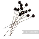 Petershams Millinery Supplies set of 12 extra long stainless steel hat pins with black hexagonal acrylic beads.