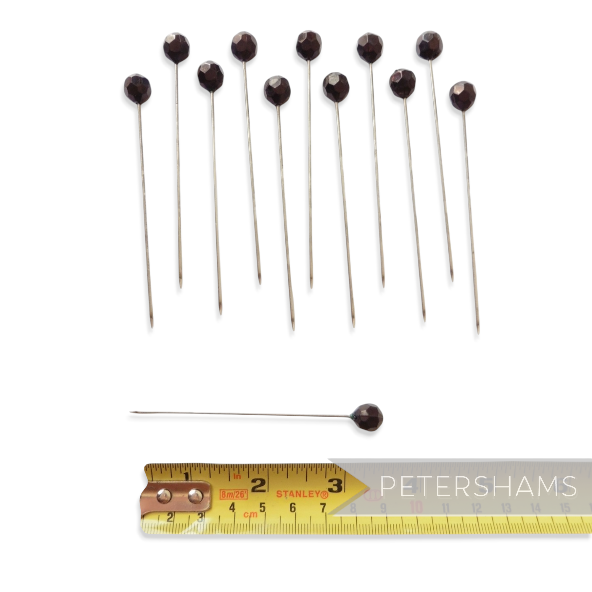 Petershams Millinery Supplies set of 12 extra long 9cm stainless steel hat pins with black hexagonal acrylic beads