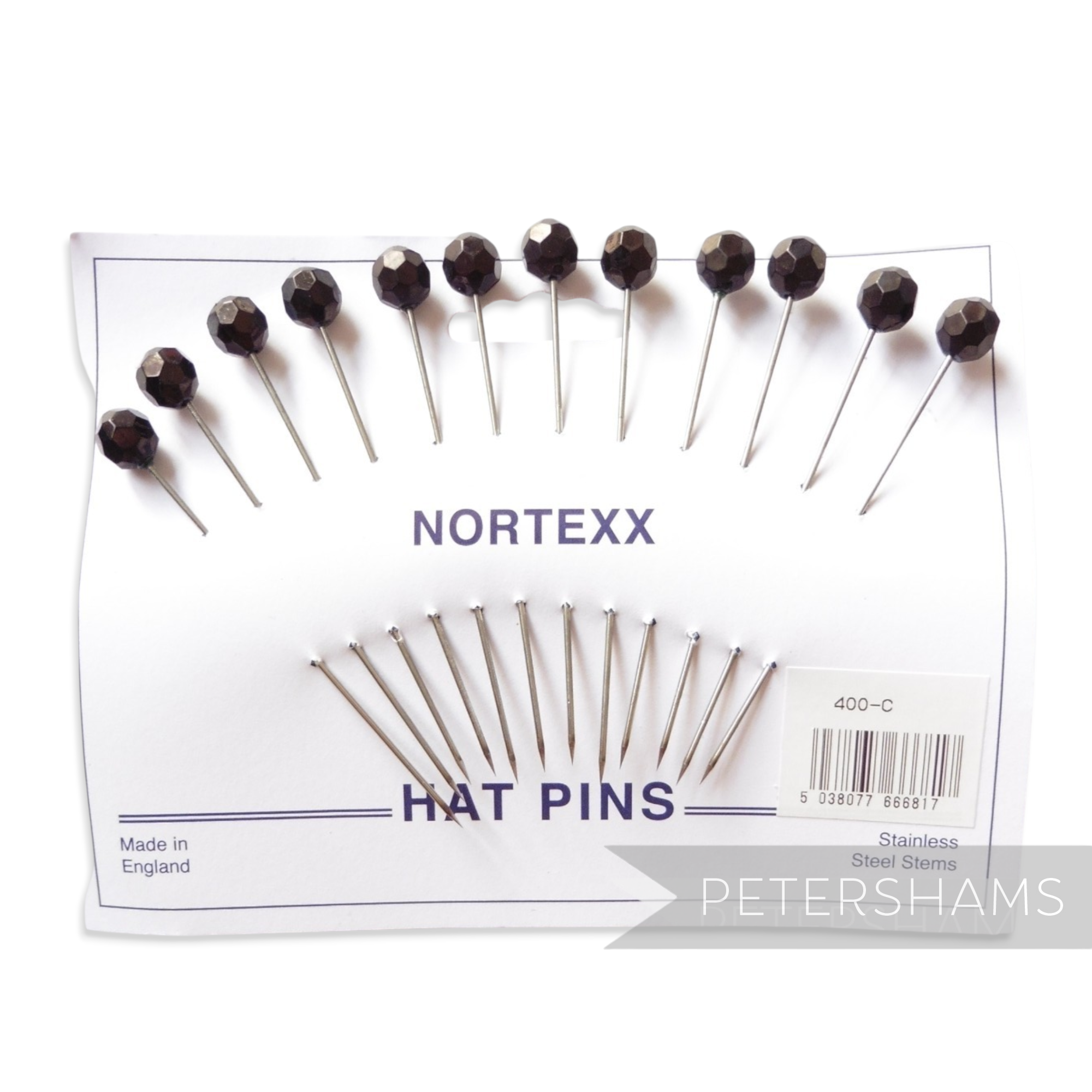 Petershams Millinery Supplies set of 12 extra long 9cm stainless steel hat pins with black hexagonal acrylic beads