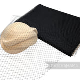 Petershams Millinery Supplies 18 inch wide black diamond pattern birdcage veiling draped over a wooden hat block