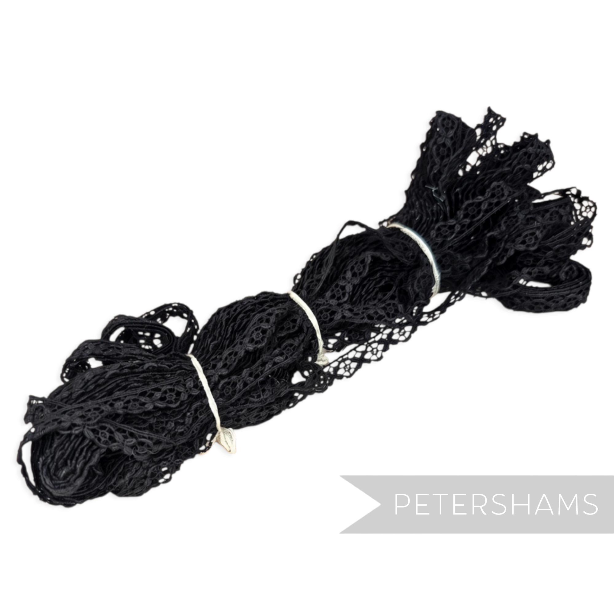 Petershams Millinery Supplies vintage 11mm black cotton guipure lace trim with a delicate floral pattern