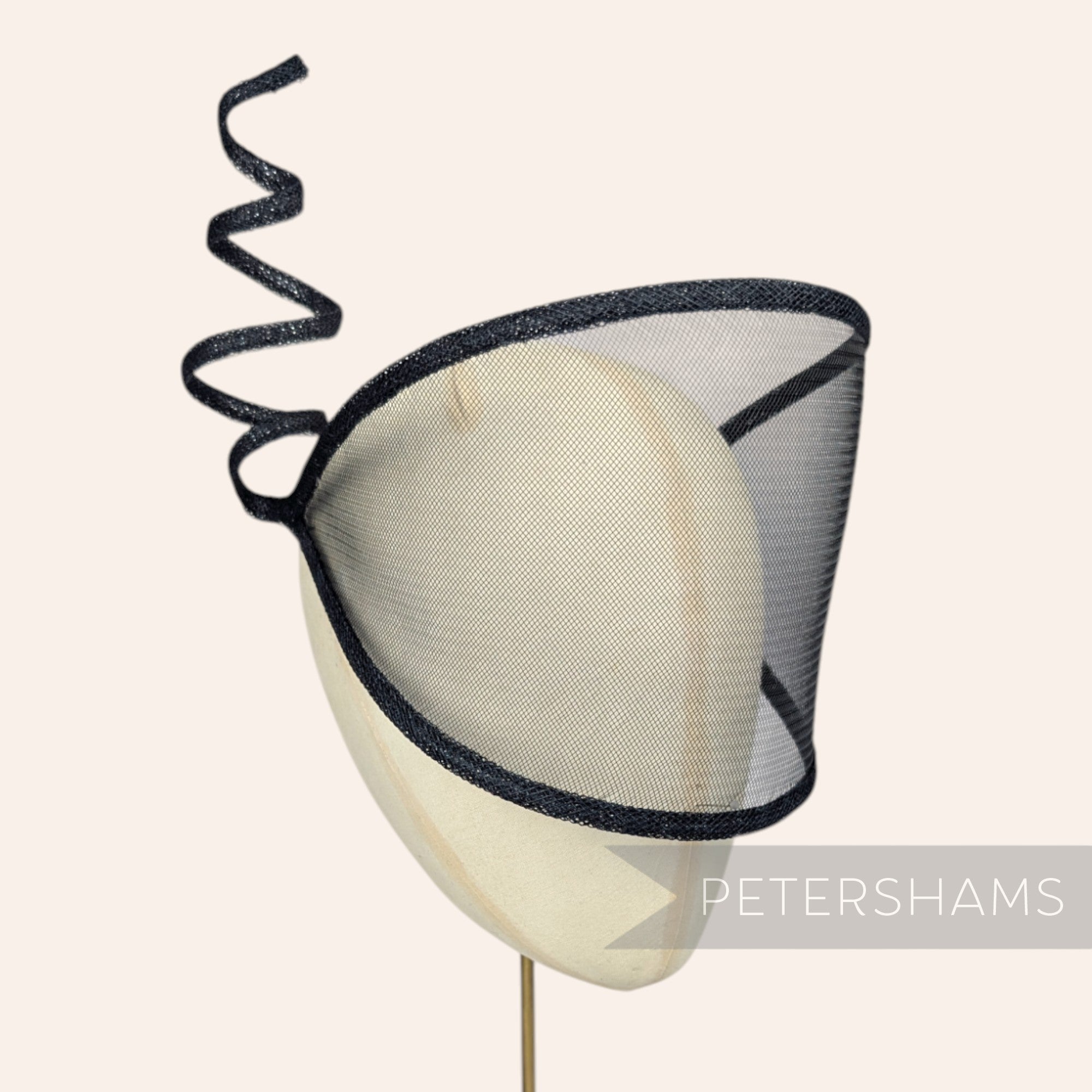 Petershams Millinery Supplies black crin and sinamay visor fascinator with a decorative wired spiral trim