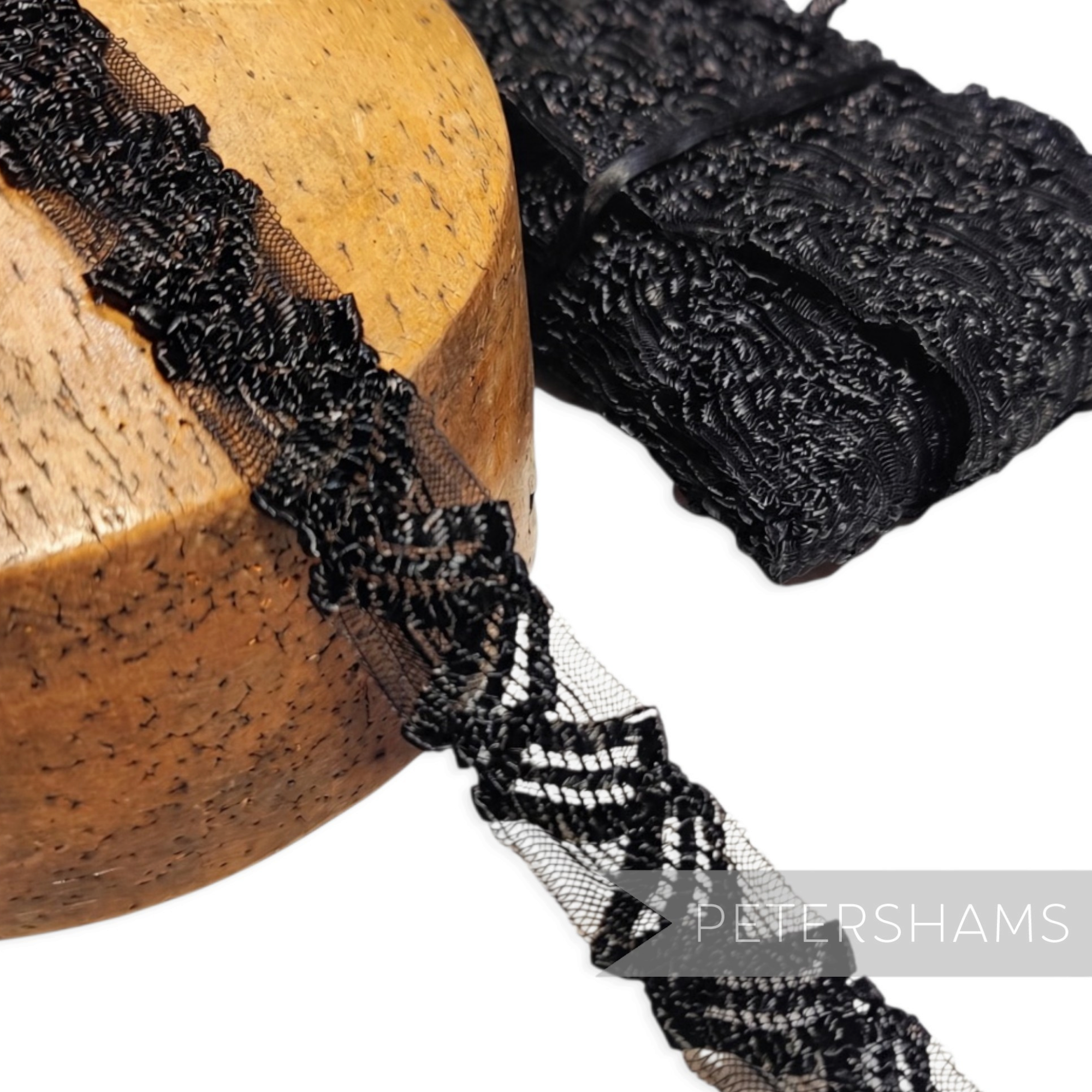 Petershams Millinery Supplies vintage black 23mm zig zag crinoline braid trim on a wooden hat block