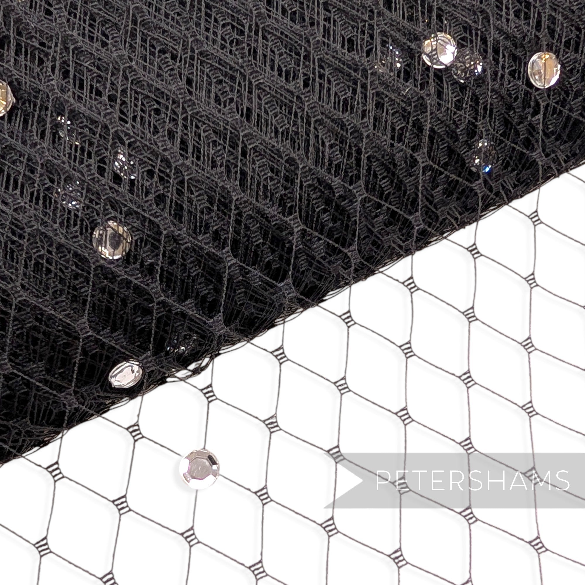 Petershams Millinery Supplies black diamond-patterned veiling embellished with clear acrylic diamantes for millinery.