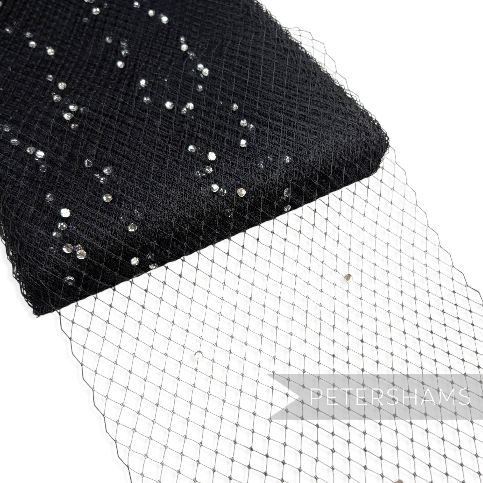 Petershams Millinery Supplies black veiling fabric with clear acrylic diamante rhinestones for wedding birdcage veils