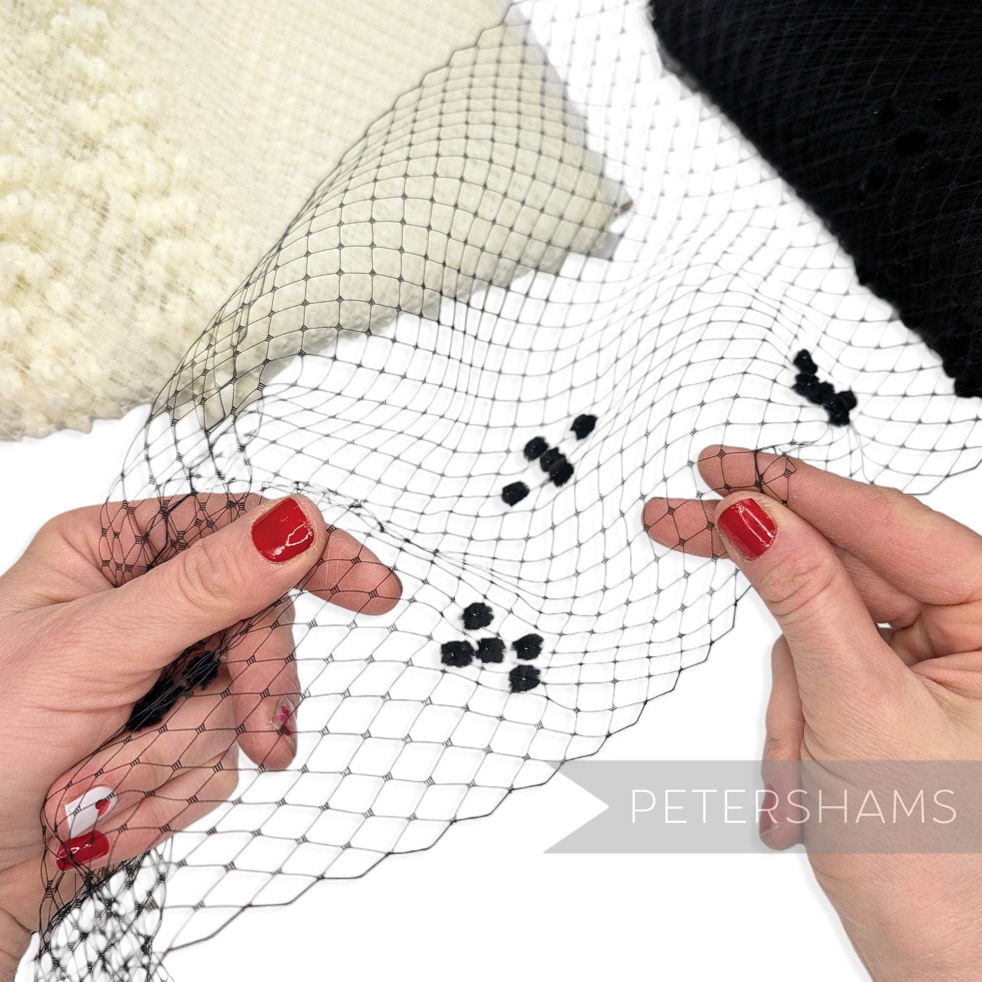 Petershams Millinery Supplies vintage replica black veiling with intricate chenille dotted diamond pattern