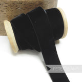 Petershams Millinery Supplies 23mm black elastic stretch velvet ribbon on a wooden spool for millinery projects
