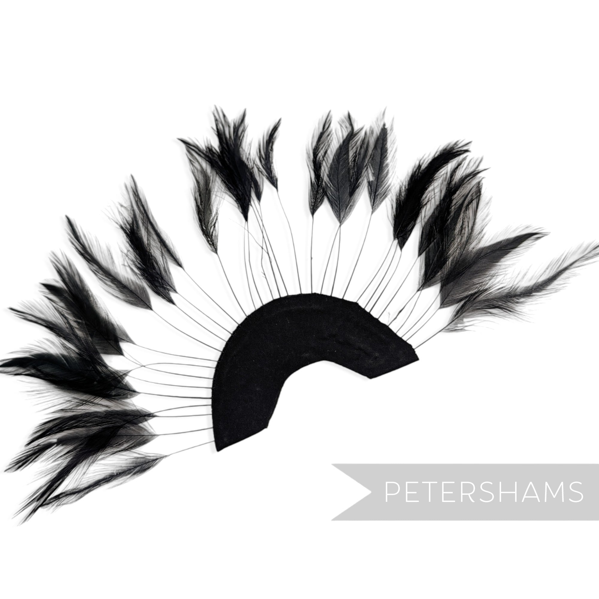 Petershams Millinery Supplies black stripped hackle feather fan on a cotton base for hat and fascinator trimming.