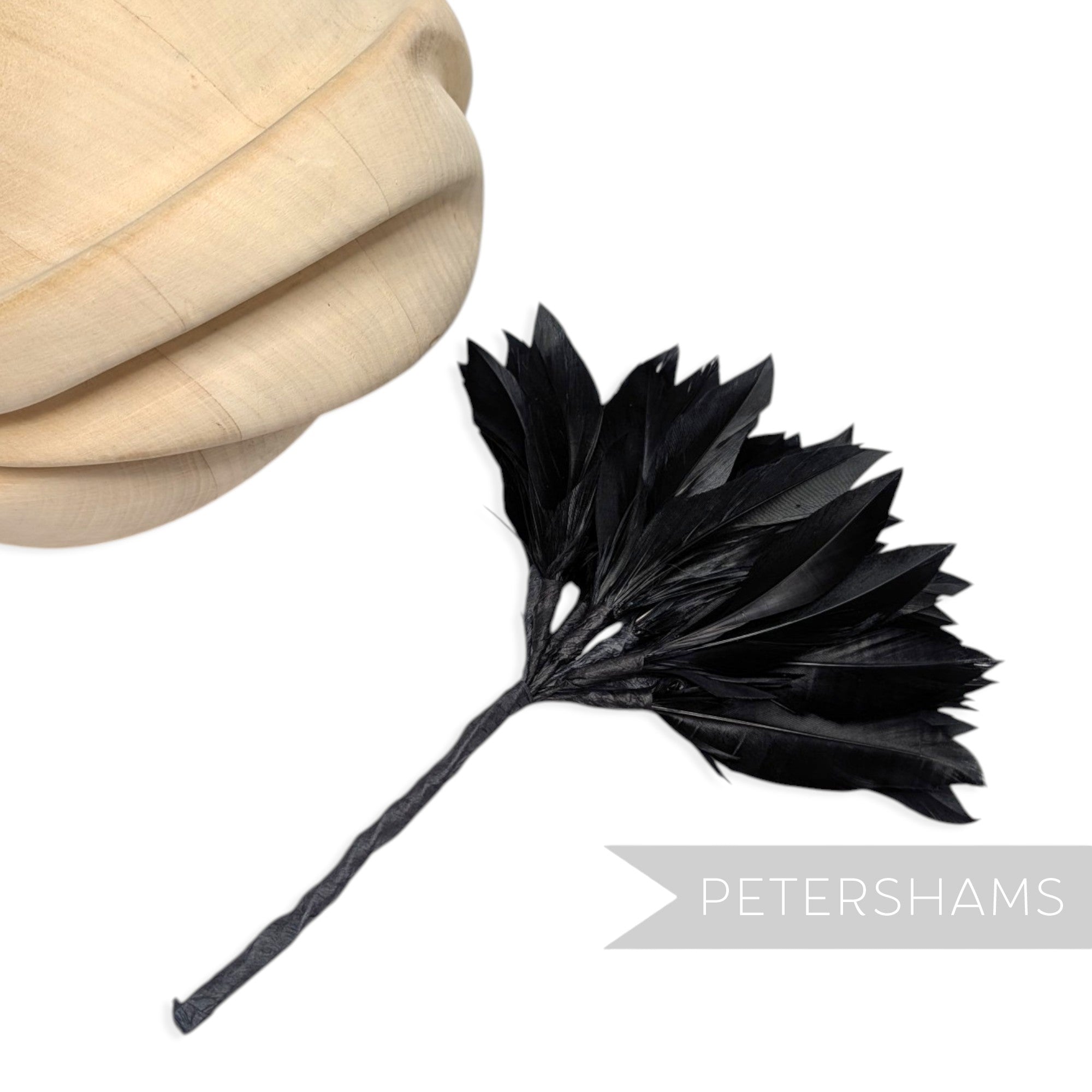 Petershams Millinery Supplies Kay large black goose feather pom flower hat mount with wired stem