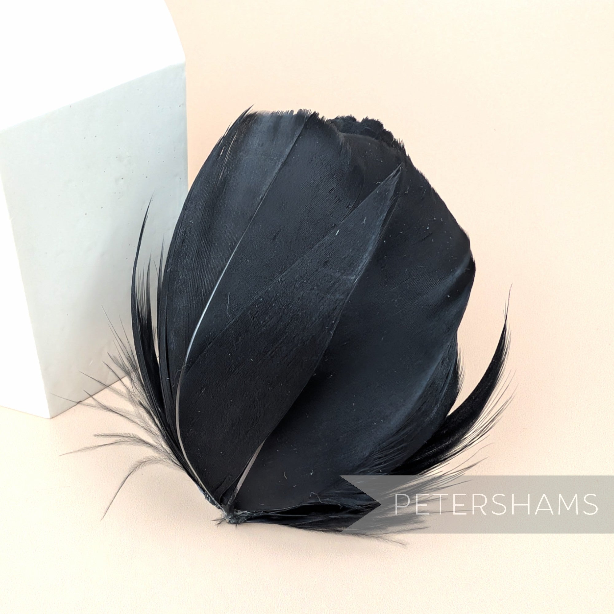 Petershams Millinery Supplies large black tulip-shaped feather flower made from cupped goose nagorie feathers.