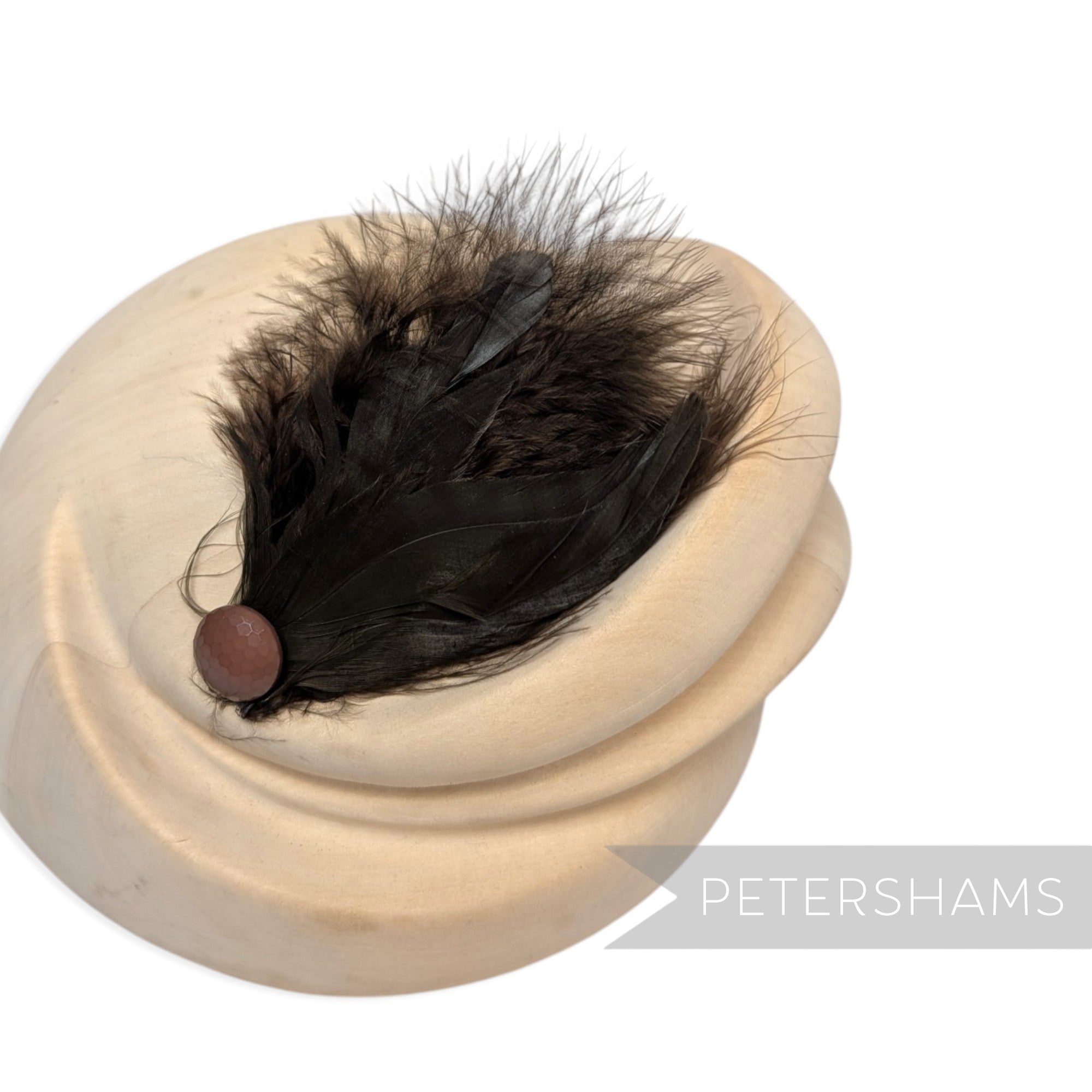 Petershams Millinery Supplies black marabou and coque feather hat mount with a faceted bead accent
