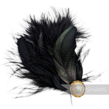Petershams Millinery Supplies black marabou and coque feather hat mount with a pearlescent cabochon and gold trim.