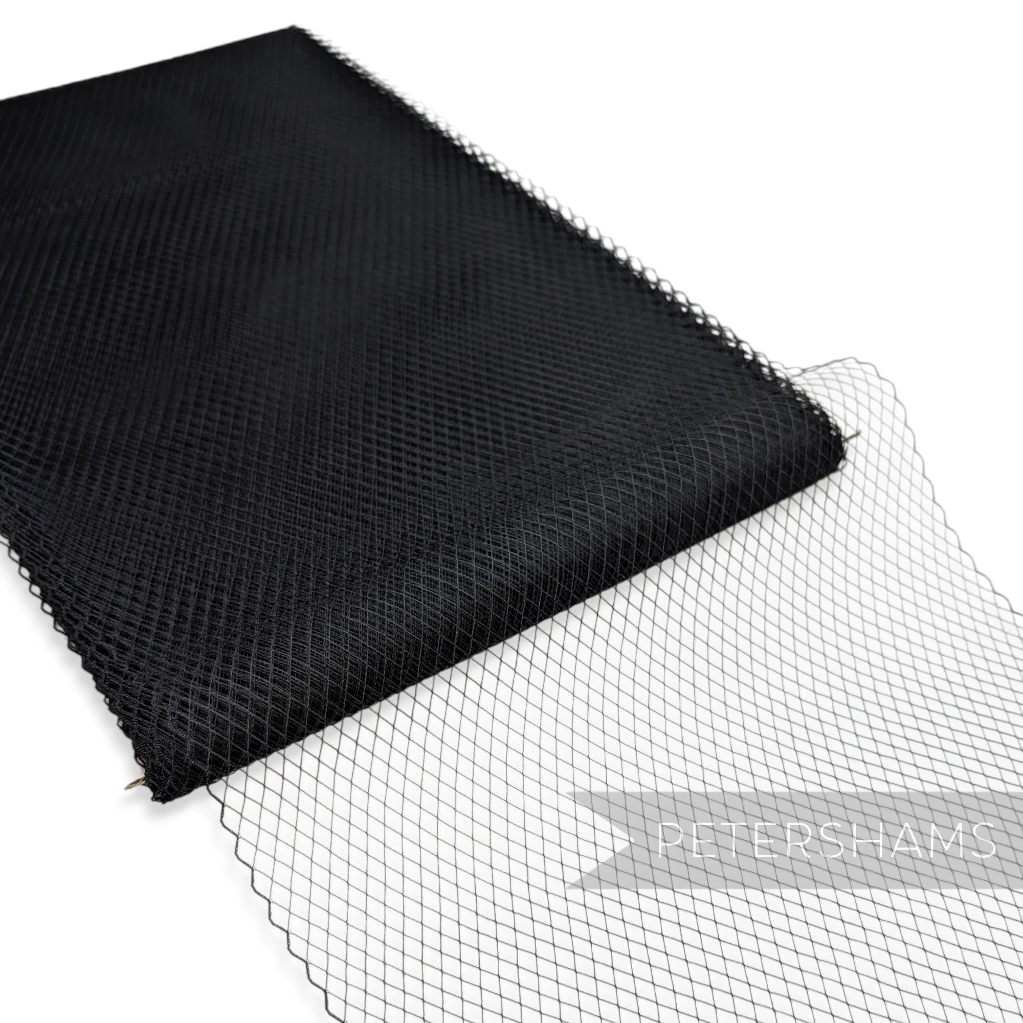 Petershams Millinery Supplies black fine weave veiling with 5mm diamond pattern and scalloped edge for hats and veils
