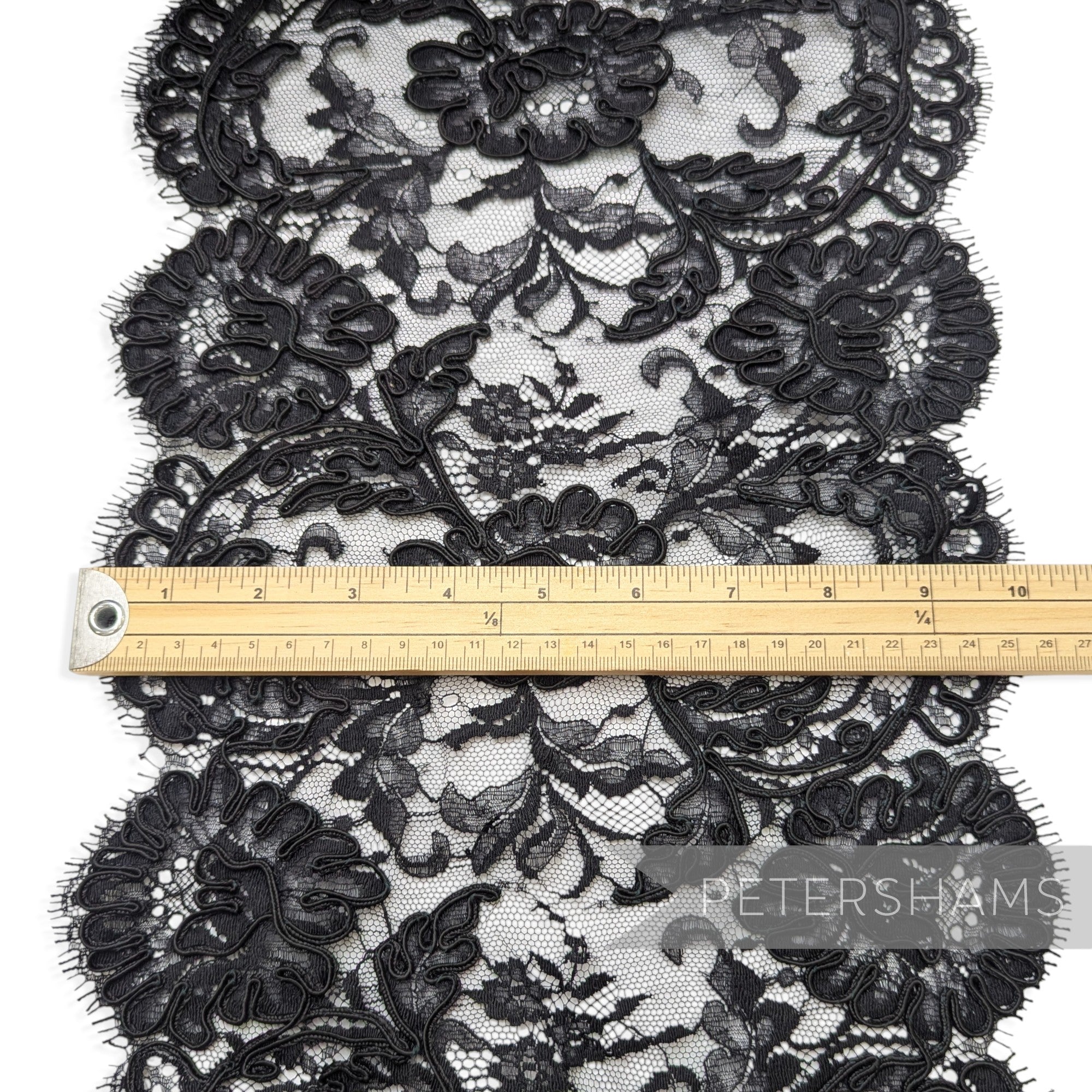 Petershams Millinery Supplies vintage 1980s black floral eyelash lace with double scallop edge measuring 26cm wide