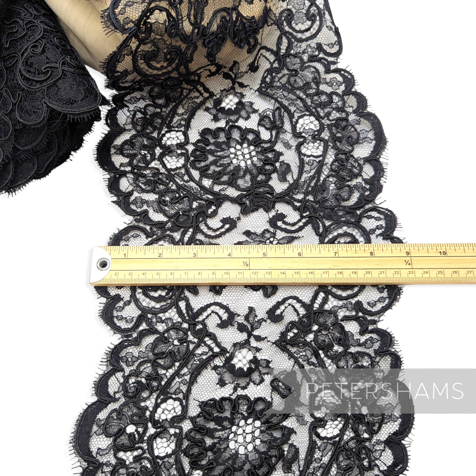 Petershams Millinery Supplies 24cm wide black vintage 1980s floral lace trim with double scalloped eyelash edges