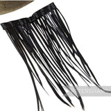 Petershams Millinery Supplies extra long black goose biot feather fringe attached to a stitched satin binding