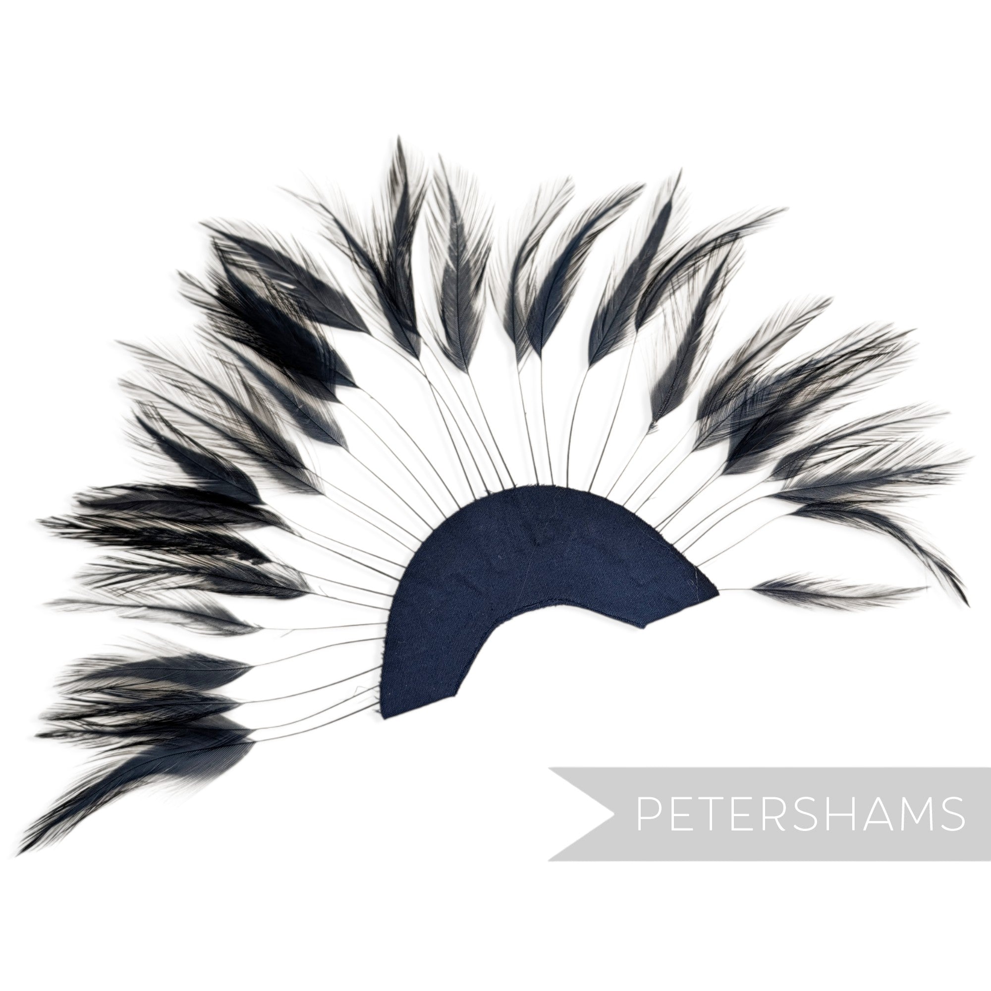 Petershams Millinery Supplies navy blue stripped hackle feather fan on a cotton base for hat and fascinator trimming