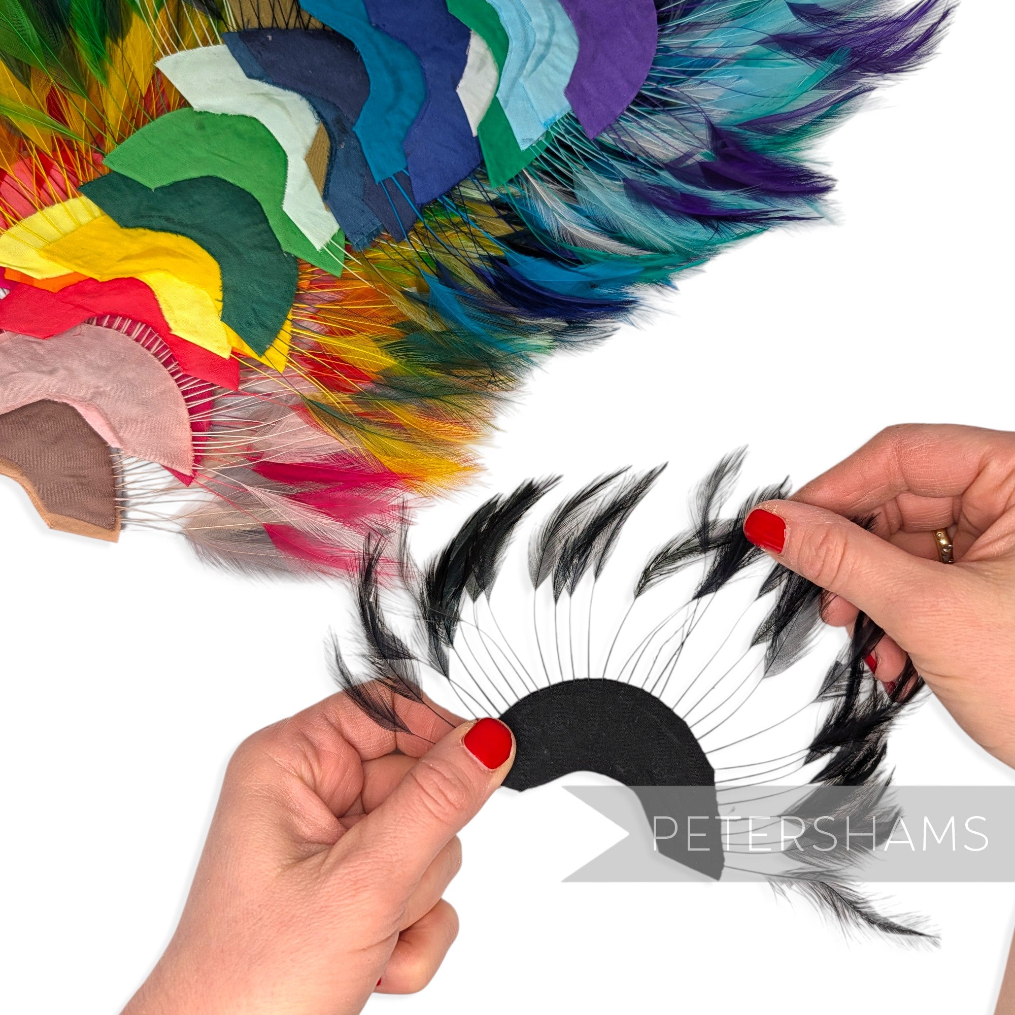 Petershams Millinery Supplies black stripped hackle feather fan on a cotton base for hat and fascinator trimming