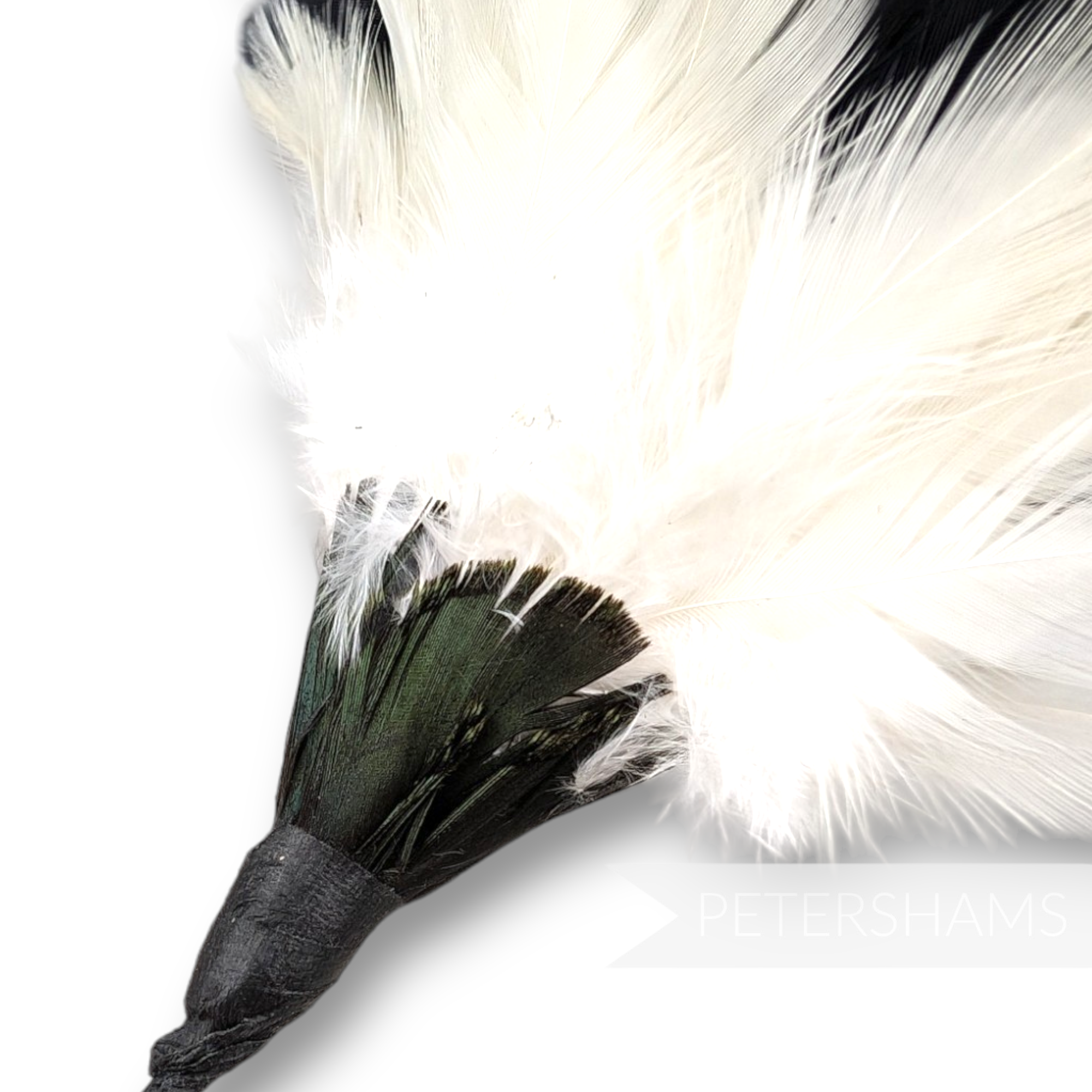 Petershams Millinery Supplies large black and ivory coque feather hat mount with iridescent sheen and wire stem