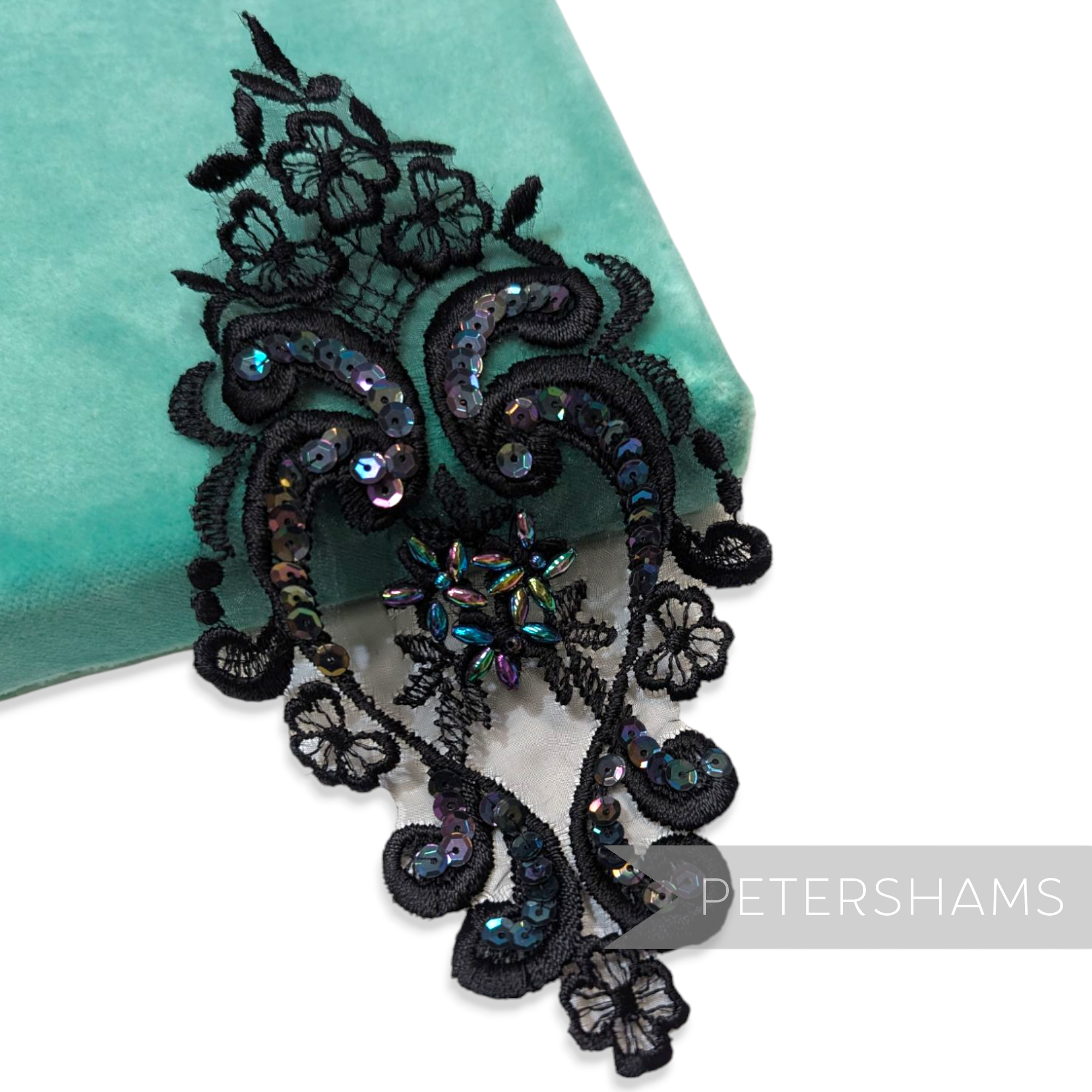 Petershams Millinery Supplies black heart-shaped lace motif with iridescent sequins and central faux pearl embellishment