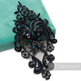 Petershams Millinery Supplies black heart-shaped lace motif with iridescent sequins and central faux pearl embellishment