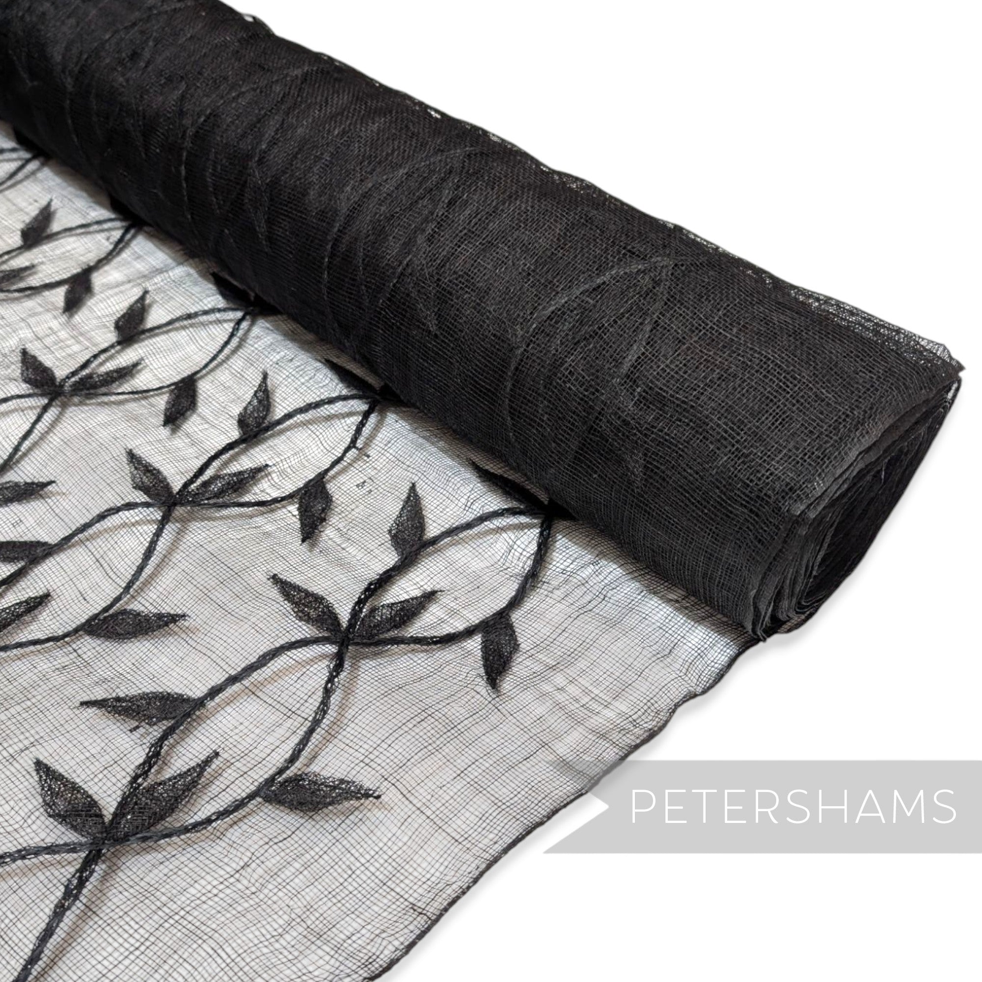Petershams Millinery Supplies black sinamay abaca fabric with applique leaf vine pattern on a roll