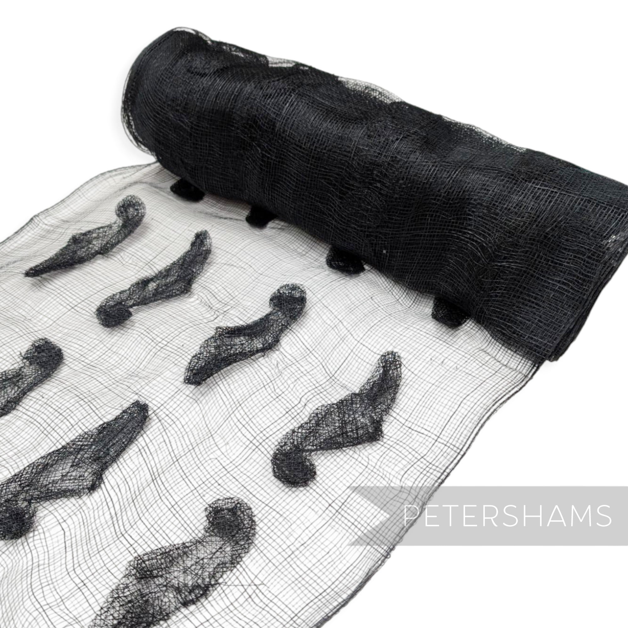 Petershams Millinery Supplies black sinamay fabric featuring soft rounded leaf applique trim for hat making