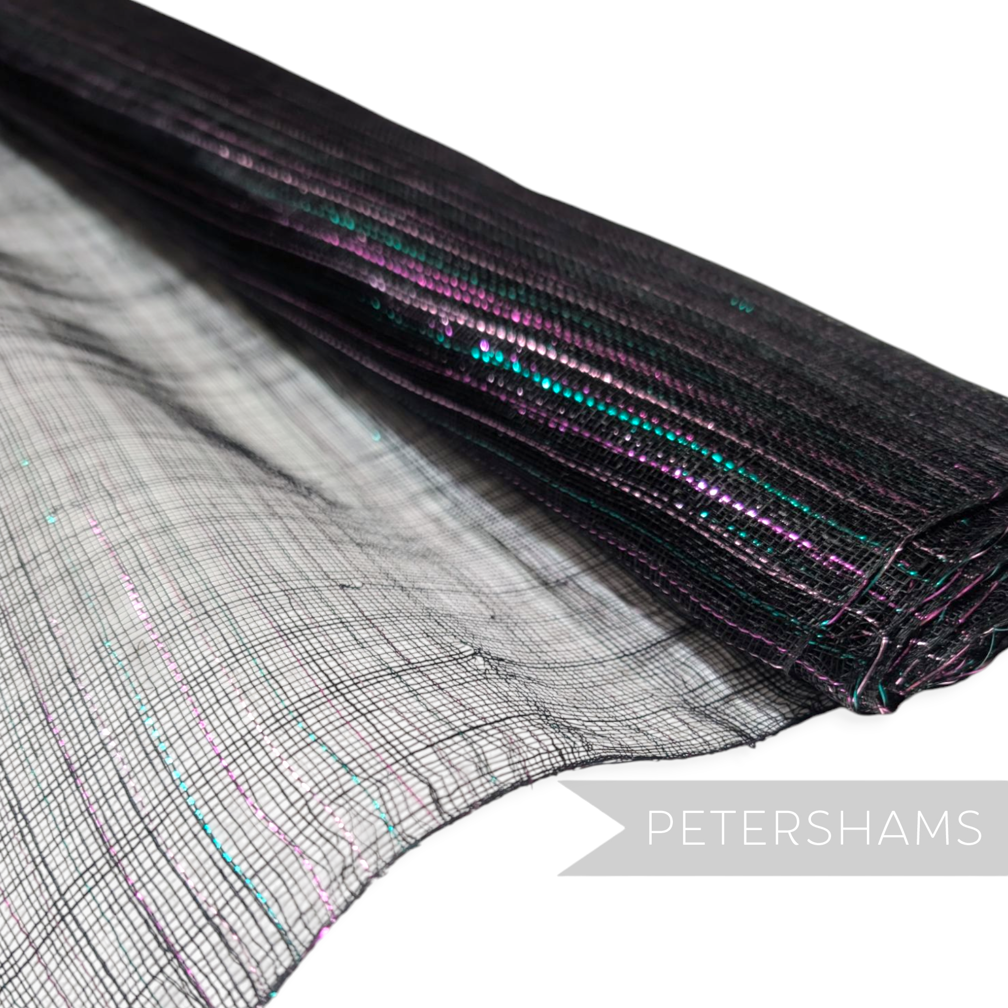 Petershams Millinery Supplies black sinamay fabric with jade and pink lurex pinstripe threads for hat making