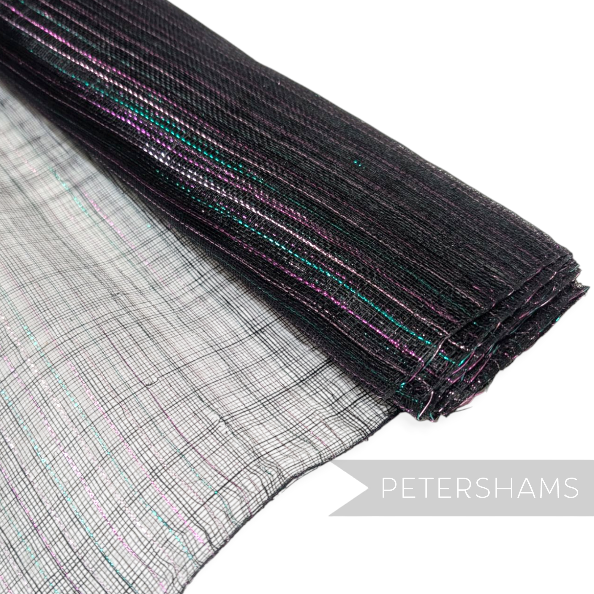 Petershams Millinery Supplies black sinamay fabric with jade and pink lurex pinstripe threads for hat making