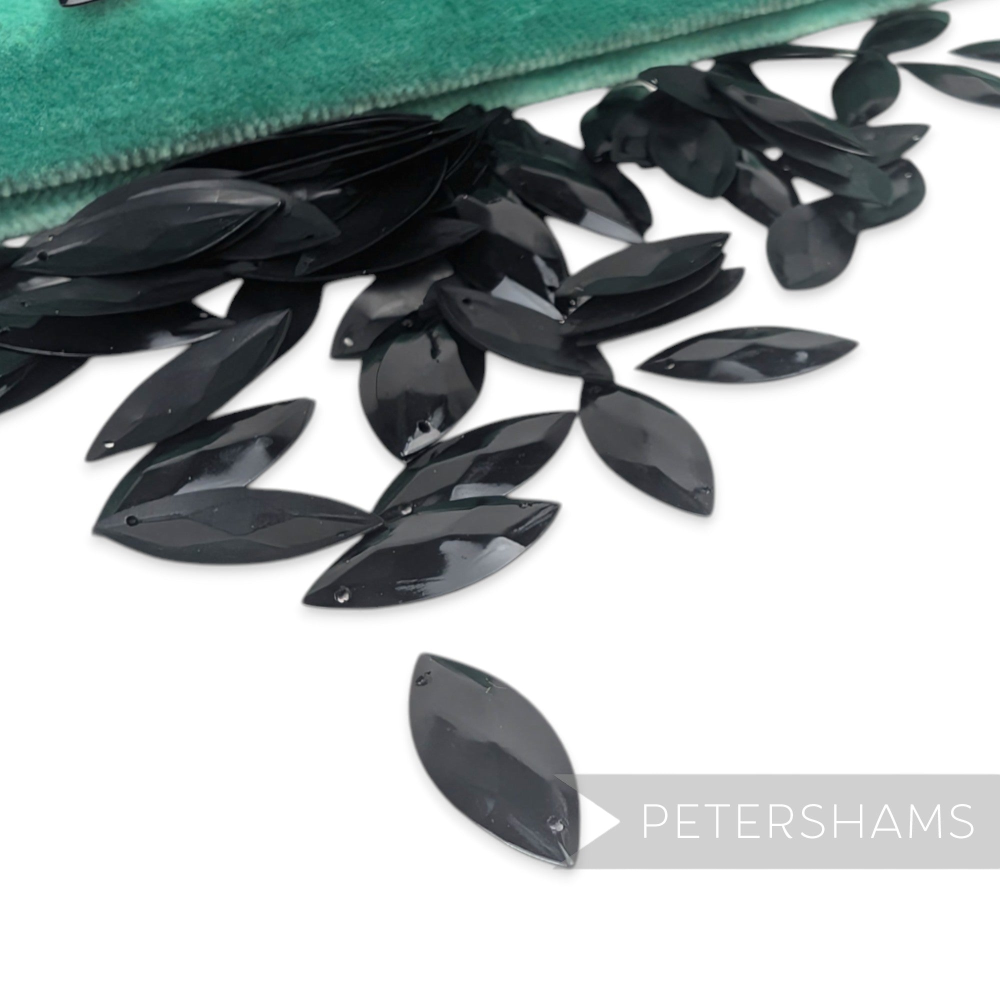 Petershams Millinery Supplies vintage 1940s black marquise jewel sequins with raised relief and two sew holes