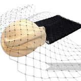 Petershams Millinery Supplies black English merry widow veiling with extra wide 3cm diamonds draped over a wooden block