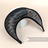 Petershams Millinery Supplies black metallic silver lurex sinamay halo crown fascinator hat base with domed front.