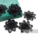 Petershams Millinery Supplies set of 5 black organza flower motifs with sequin and bead embellishments.