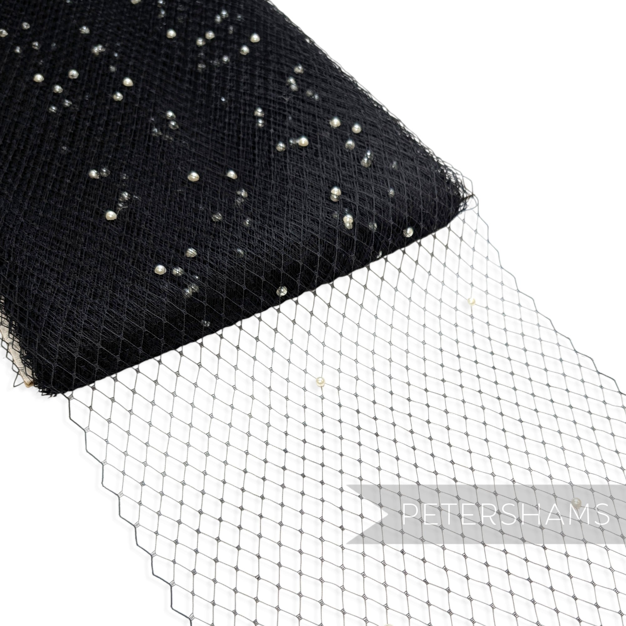 Petershams Millinery Supplies black diamond-patterned veiling fabric embellished with ivory acrylic pearls