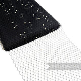 Petershams Millinery Supplies black diamond-patterned veiling fabric embellished with ivory acrylic pearls