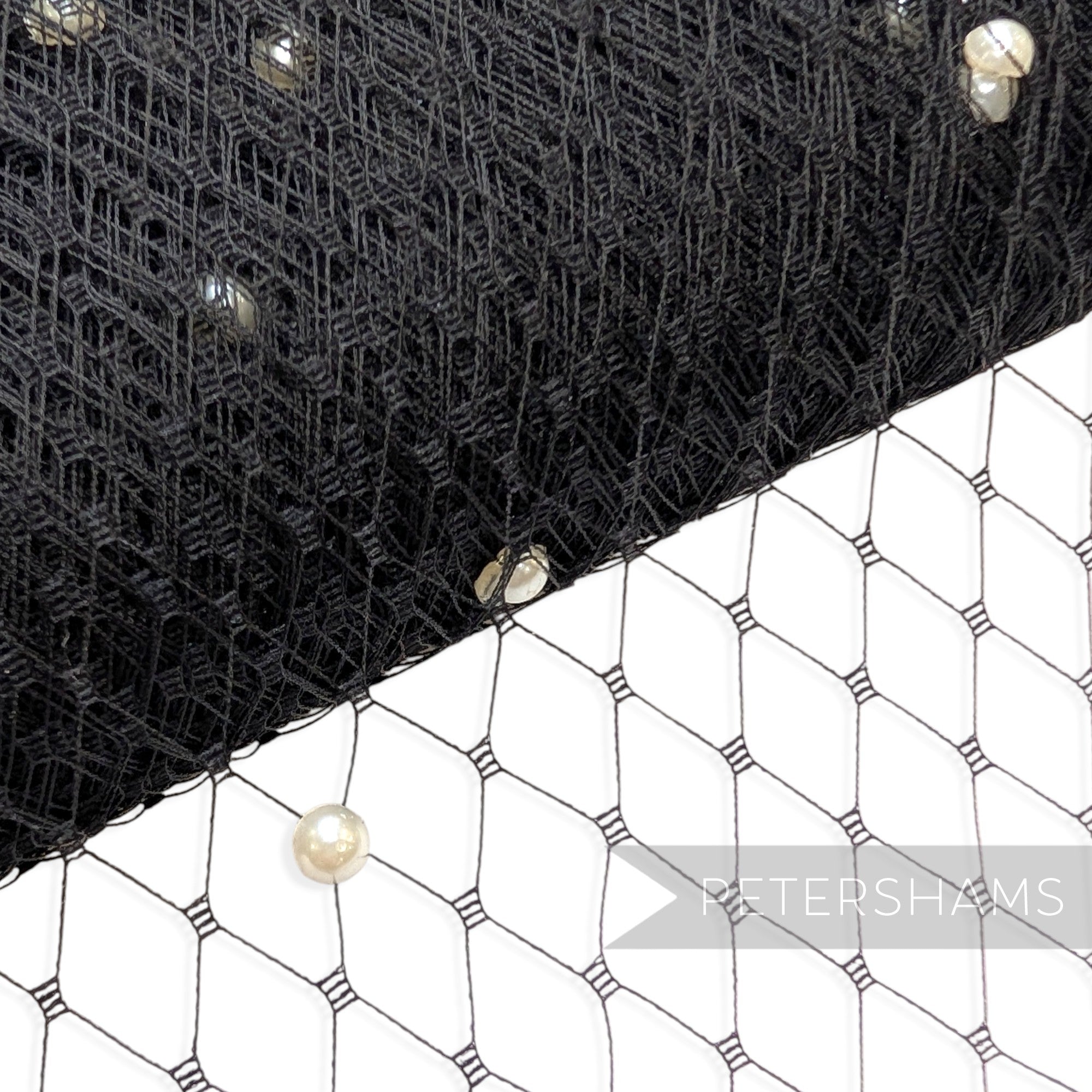 Petershams Millinery Supplies black diamond netting veiling fabric embellished with ivory acrylic pearls